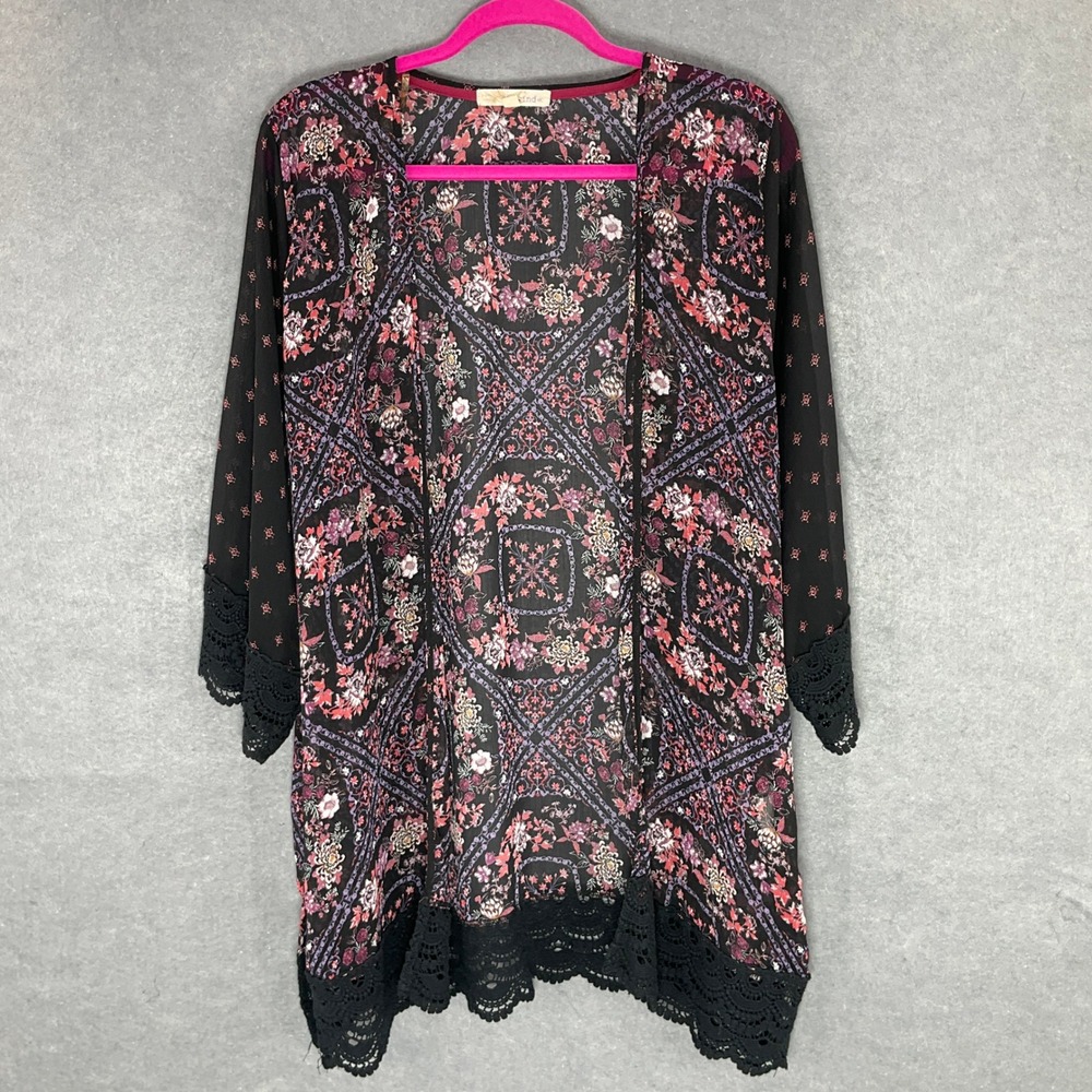 Rewind‎ Kimono Floral Print Open Front Sheer with Lace Trim Black Whimsigoth XL